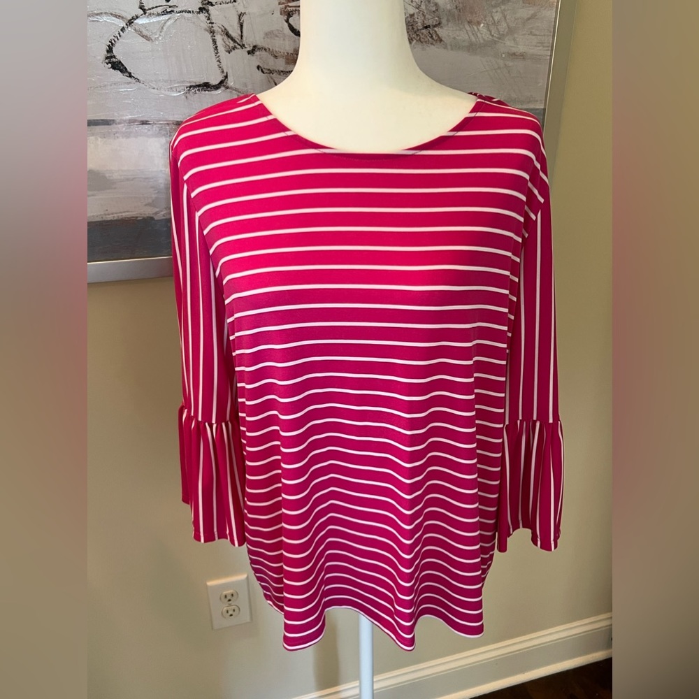 So soft fuchsia pink w white stripes blouse- long sleeves ruffled